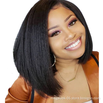 Megalook Brazilian Hair Yaki Short Bob Wig Natural Color Human Hair Wig Kinky Straight 13X4 Lace Front Wig